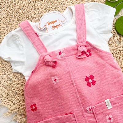 Conj. Blusa e Salopete Florzinhas em Linho- Off White e Rosa
